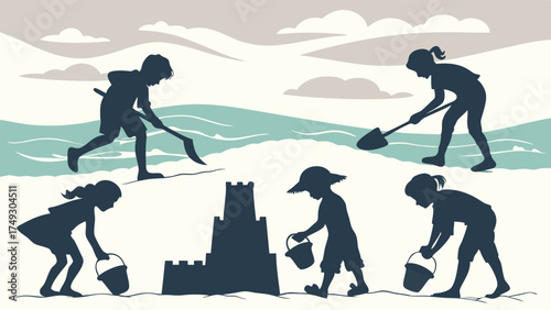 Happy Kids Silhouettes Building Sandcastle on Summer Beach. Family Vacation, Childhood Development, Teamwork.