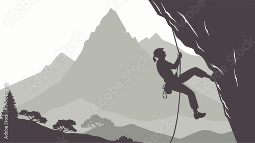 Determined Female Rock Climber Silhouette Rappelling Mountain Vector Illustration for Adventure Sports Marketing and Overcoming Challenges