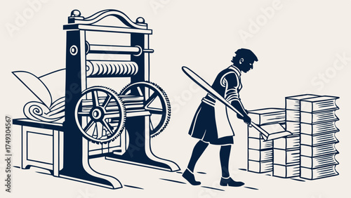 Craftsman Operating Vintage Printing Press in Traditional Bookbinding Workshop Retro Illustration for Publishing History