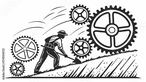 Determined Worker Shoveling Uphill with Gears for Business Problem Solving, Strategy, and Growth Illustration