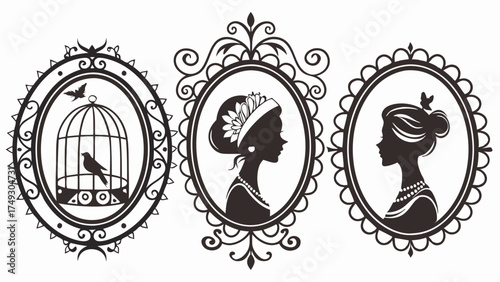 Elegant Vintage Silhouette Frames with Women Profiles and Bird Cage. Ornate Decorative Design for Invitations, Crafts, Web, and Print.