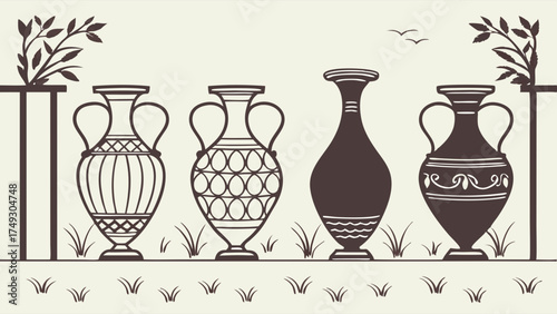 Classic Greek Vases Line Art Illustration. Elegant Mediterranean Pottery Design for Web, Print, Education, and Cultural Heritage Decor.