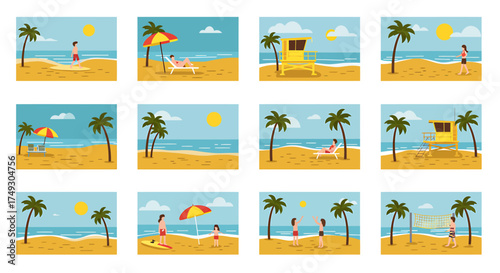 Twelve minimalist beach scenes featuring palm trees ocean sun and various beach activities