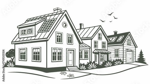 Sustainable Suburban Homes with Solar Panels Line Art for Real Estate, Green Energy, and Community Development