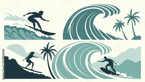 Retro Surfing Silhouette Vector Set with Big Ocean Waves and Palm Trees for Summer Travel, Beach Lifestyle, and Adventure Sports Design