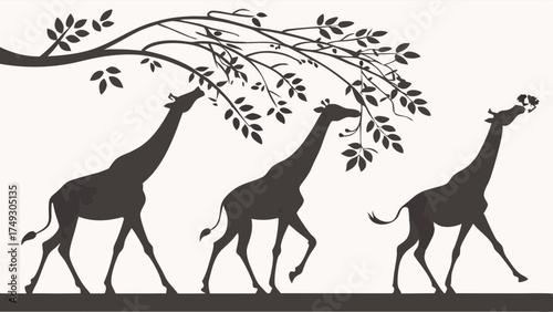 Giraffe Silhouettes Walking Reaching for Tree Leaves Aspiration Growth Determination Nature Wildlife Vector Art