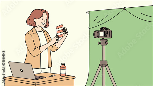 Happy Woman Influencer Filming Product Review Video in Home Studio with Green Screen for Social Media and E-commerce Content Creation