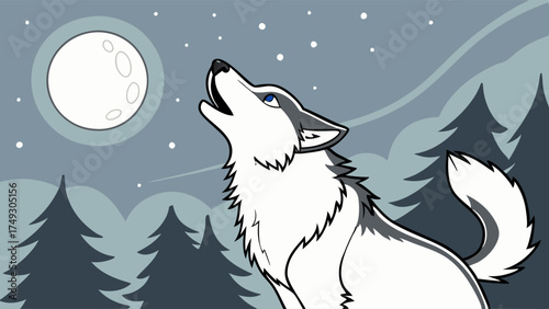 Majestic White Wolf Howling at Full Moon in Snowy Winter Forest Night Vector Illustration for Wildlife Nature and Seasonal Winter Design