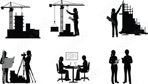 Construction workers, architects, engineers, crane, blueprints, teamwork, surveying, planning, office design, industrial site, architecture silhouettes vector illustration