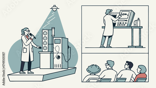 Scientist Presenting Research Findings and Lab Technology Demonstration to an Engaged Audience at a Science Education Event