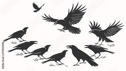 Flock of Crows Meeting Communicating Black and White Illustration for Business Strategy Teamwork Leadership