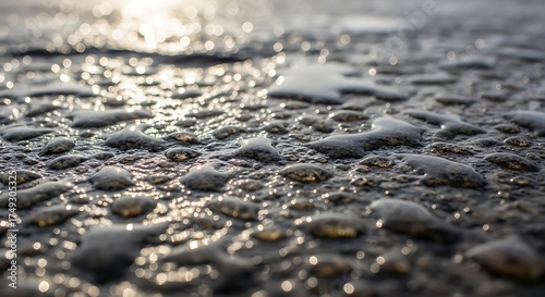 Evocative macro shot displaying glistening water drops on a dark surface