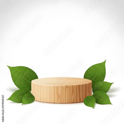 Wooden Product Display Podium with Green Leaves for Natural Presentation.