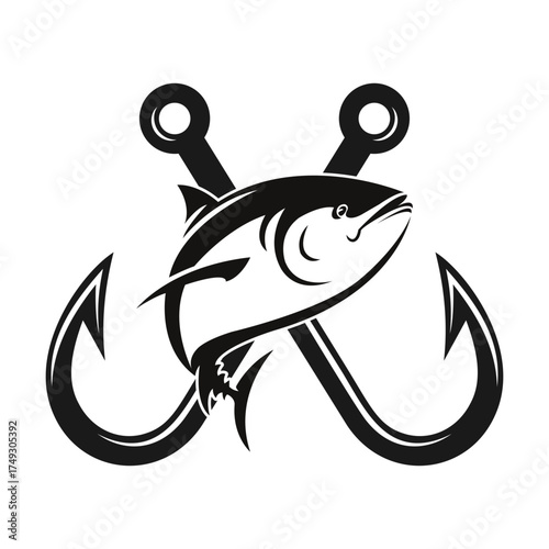Crossed fishhooks with a fish svg cut file. Isolated vector illustration.