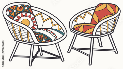 Vibrant Bohemian Rattan Accent Chairs with Colorful Ethnic Patterned Cushions for Stylish Home Decor, Interior Design, and Lifestyle Blog Content