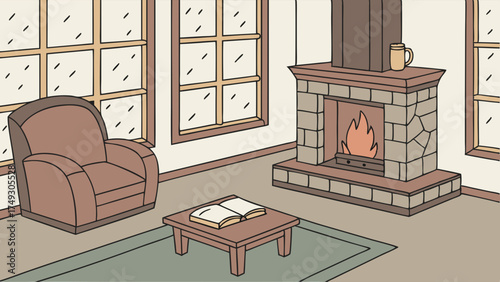 Peaceful Cozy Living Room with Lit Fireplace Armchair and Book for Winter Relaxation and Home Comfort Lifestyle Design