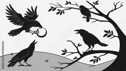 Graphic Silhouette of Crows Flying with Ring and Perched on Branches for Teamwork Communication and Strategy