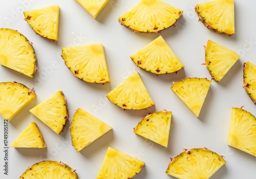 Fresh yellow pineapple wedges and slices arranged on a clean white background from a top-down view.
