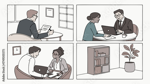 Professional Business Meetings and Collaboration. Diverse Team Working Together in a Modern Office Environment. Focused Discussion and Workplace Productivity.