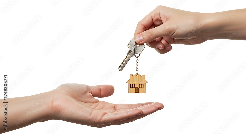 Obraz premium Two hands exchanging keys with a house-shaped keychain, isolated on a white background.