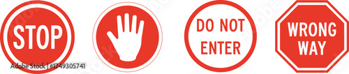 Collection of traffic signs including stop do not enter and wrong way symbols