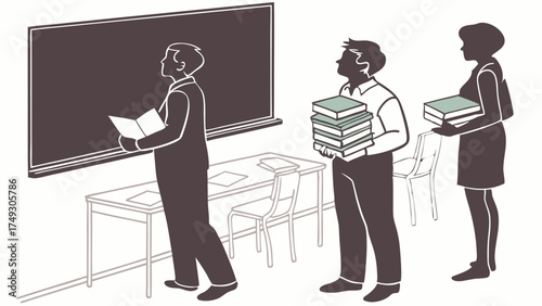 Teacher Instructing Class at Blackboard with Students Holding Textbooks. Academic Education, School Learning, and Professional Development Program.