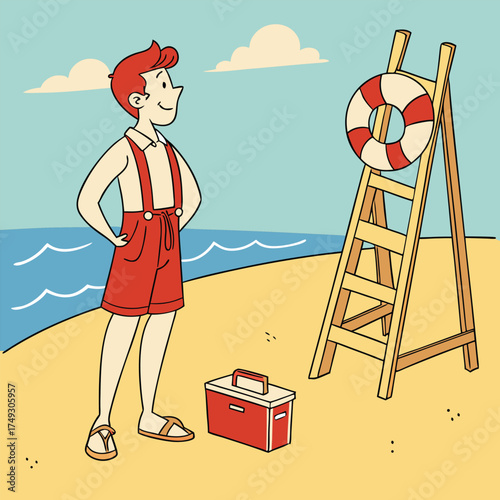 Cartoon Lifeguard Standing on Beach with Rescue Equipment Vector