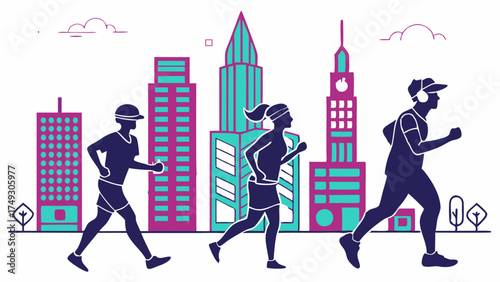 Active Urban Runners Jogging in Cityscape. Healthy Lifestyle, Fitness and Wellness for Digital Marketing and Web Design.