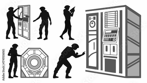 Tactical Agents Operating Futuristic Control Panels and Server Racks. Cybersecurity, IT Operations, Gaming UI, and Data Technology Vector Set.