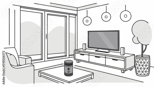 Smart Home Living Room with AI Voice Assistant Device. Modern Interior Design for Connected Lifestyle and Home Automation Technology. Convenience and Comfort.