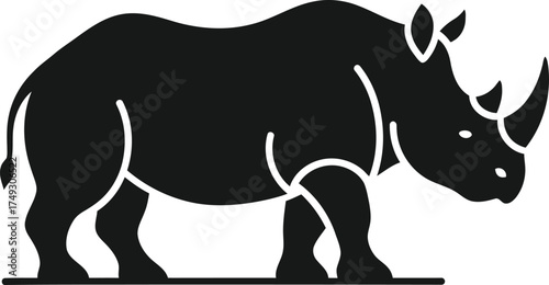 Stylized black silhouette of a rhinoceros standing on a white background with clean lines and simple graphic design