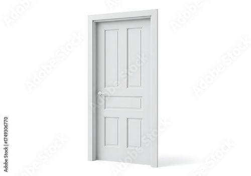 A simple, classic white panel door, slightly ajar, stands isolated against a bright, clean white background.