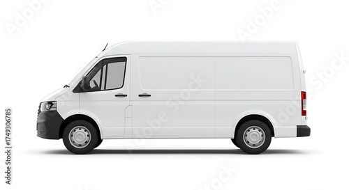 A modern white commercial cargo van shown in a side profile view, isolated on a plain white background.