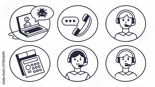 Customer Service and Tech Support Icons for Online Communication, Cybersecurity Scam Alert, and Financial Planning. Business Help Desk Vector Graphics.