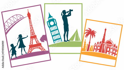 Vibrant Travel Illustrations World Landmarks Family Vacation Global Exploration for Tourism Marketing Education and Adventure