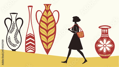 Woman Browsing Unique Decorative Pottery Vases in Cultural Art Market Illustration for Travel and Home Decor