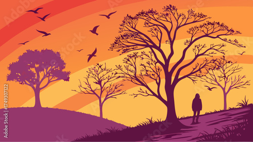 Solitary Woman Walking on Hill Path at Vibrant Sunset with Flying Birds and Silhouetted Trees Vector Illustration for Mental Health and Wellness