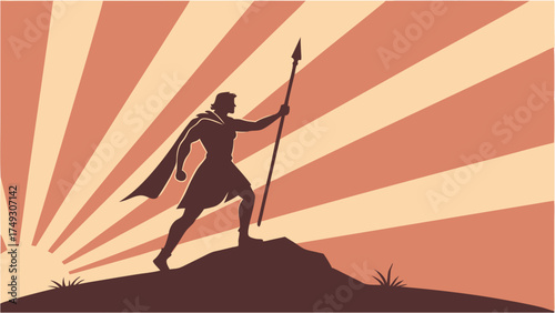 Determined Heroic Man Silhouette on Mountain Peak at Sunrise. Leadership, Strength, Success, Ambition, Victory, Courage, New Beginnings