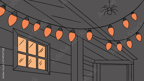 Halloween porch with glowing orange string lights and spider web details – minimal dark festive background illustration for seasonal banners and invitations