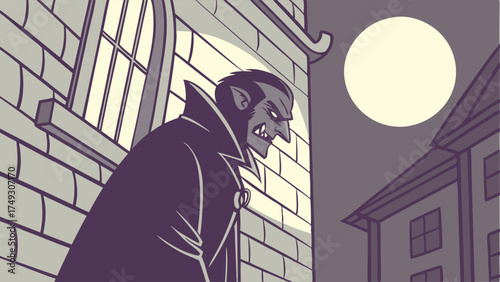 Gothic vampire character in moonlit old town alley – dark spooky horror themed illustration for halloween posters and fantasy design
