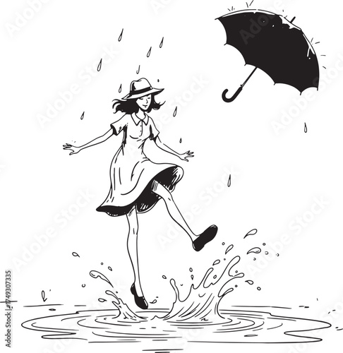 Girl in dress and hat dancing in a puddle with umbrella