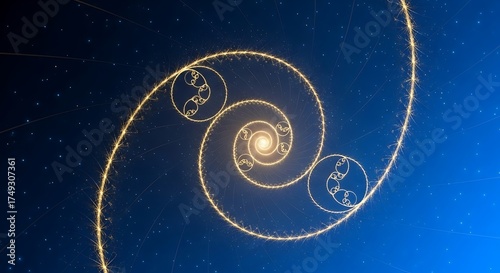 Ethereal golden spiral unfurling across a starlit expanse in a deep blue cosmos, embodying mathematical harmony