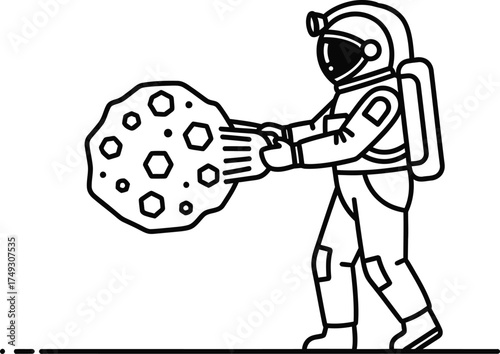 Astronaut in a spacesuit holding a large asteroid with craters in a simple line art style