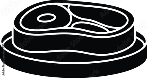Stylized black and white isometric icon representing a raw steak on a circular platter