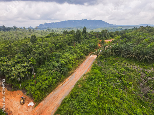 An aerial view of a muddy road under construction in the remote interior of East Kutai, Borneo, Indonesia. It cuts through rainforests and palm oil plantations with karst mountains on the horizon.