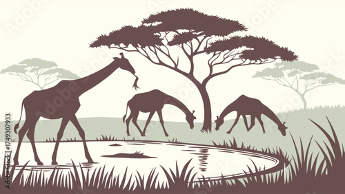Wild giraffes under acacia tree in peaceful African savanna landscape illustration

