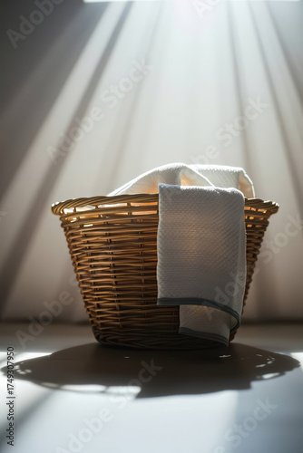 natural light shining on wicker laundry basket with white towel in cozy minimalist home interior symbolizing cleanliness freshness and simple lifestyle with warm sunlight and soft serene atmosphere