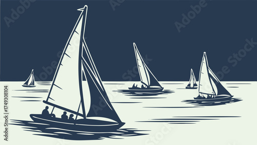 Two Tone Woodcut Sailboats Sailing on the Ocean. Classic Nautical Race, Freedom, and Adventure for Marine and Travel Industry Marketing.