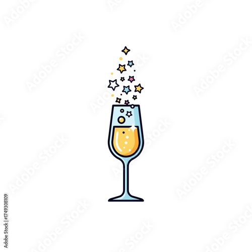 Champagne glass with sparkling stars and bubbles rising  