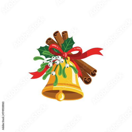 Christmas bell with holly and cinnamon sticks on white background  